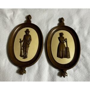 Vintage 1960 Syroco Inc. Puritan Man And Woman Pilgrim Wall‎ Plaques